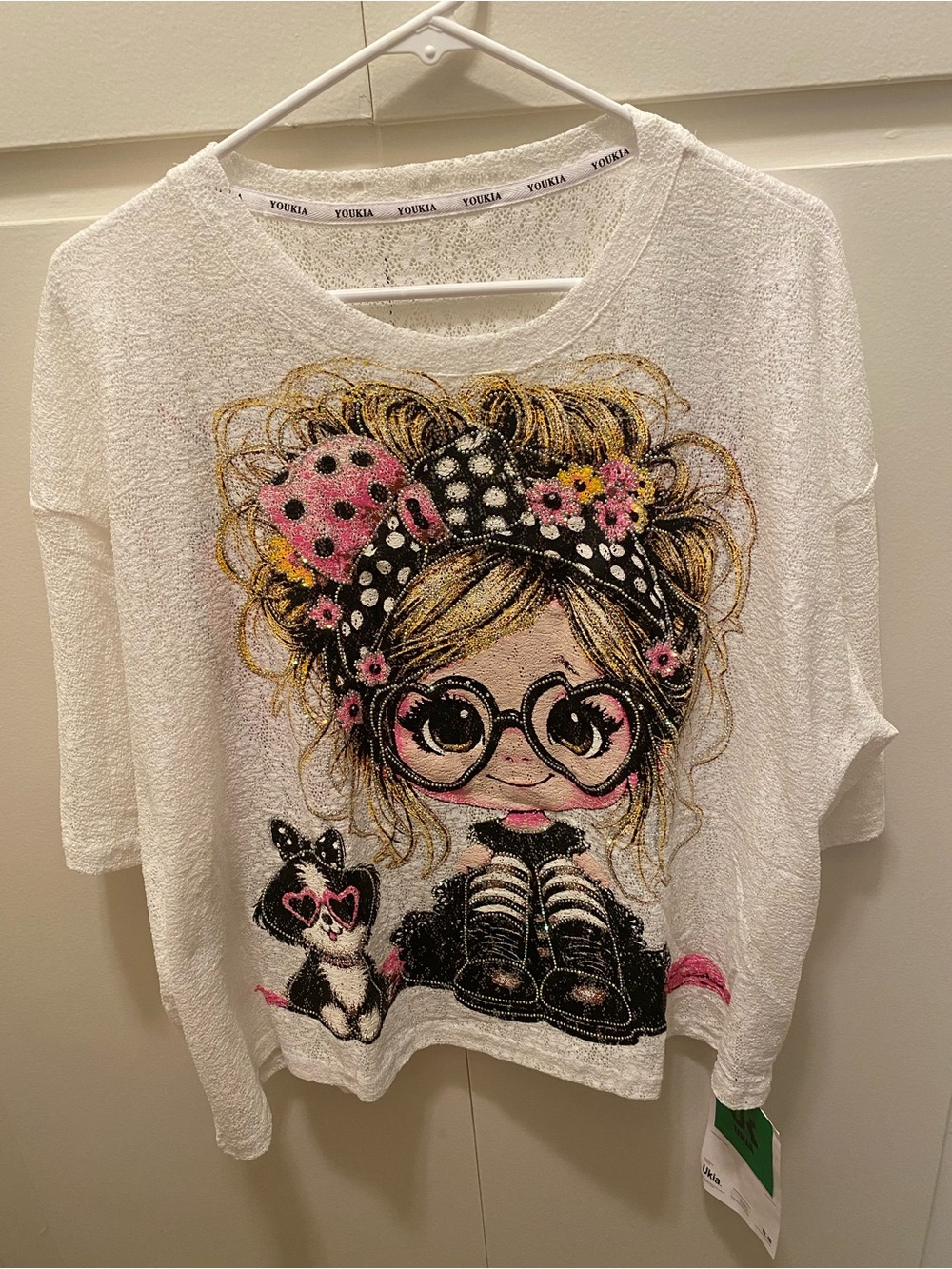 White Graphic Blouse with Pink & Black Cartoon Motif